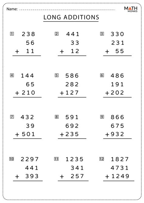 Printable Long Addition Worksheets