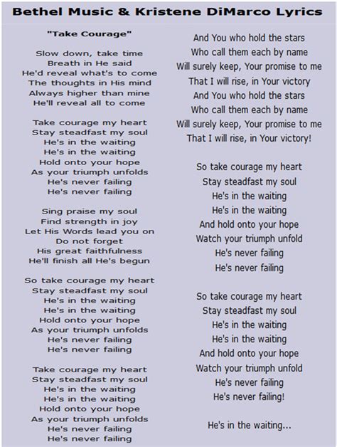 Printable Lyrics For Take Courage