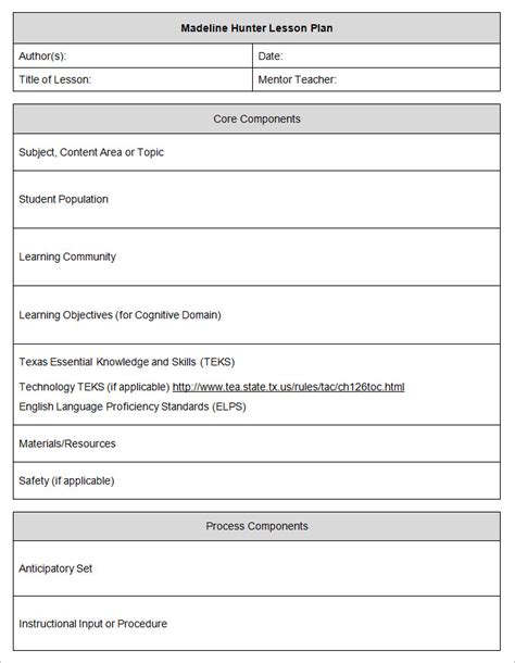 Printable Madeline Hunter Lesson Plan Template
