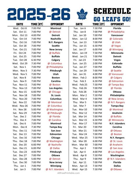 Printable Maple Leaf Schedule