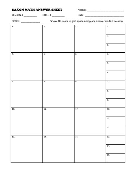 Printable Math Answer Grid