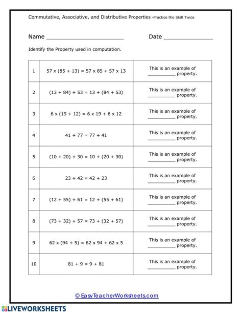 Printable Math Distributive, Commutative And Associative Properties