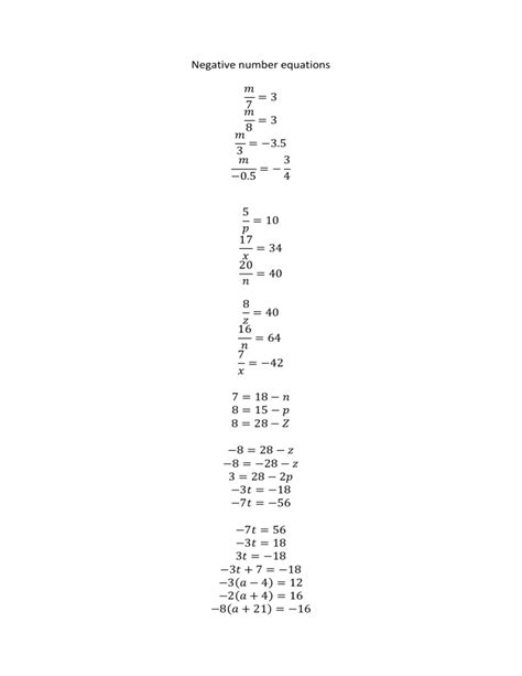Printable Math Notes On Negative Number Equations