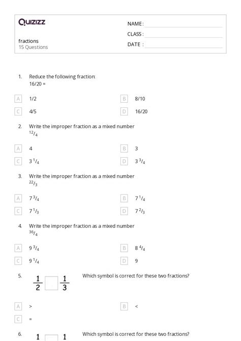 Printable Math Quiz Fractions