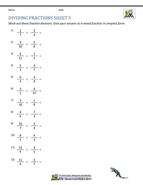 Printable Math Worksheets Dividing Fractions