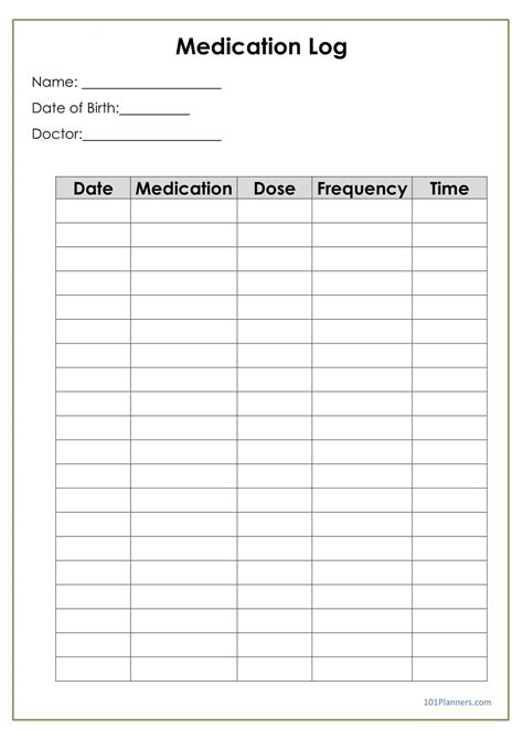 Printable Medication Time Log