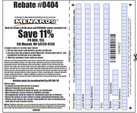 printable menards rebate form 11% address
