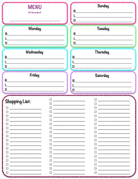 Printable Menu Grocery List