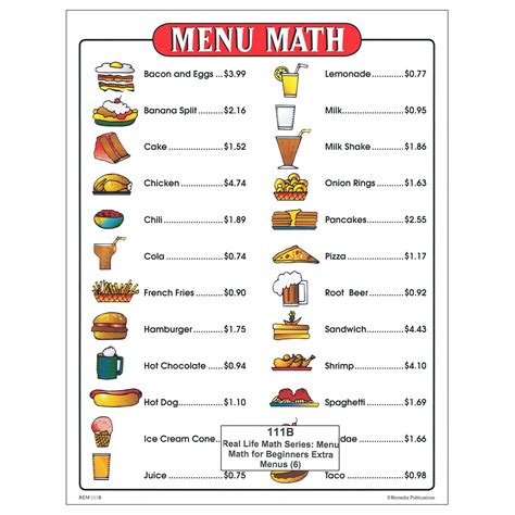 Printable Menus For Student Practice With Calculating Tips