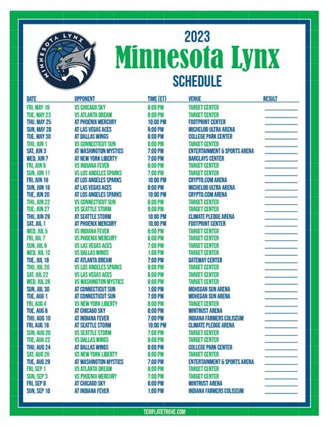 Printable Mn Lynx Schedule