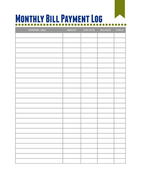 Printable Monthly Bill Log