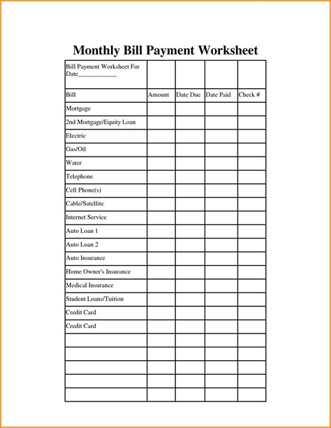 Printable Monthly Bill Spreadsheet