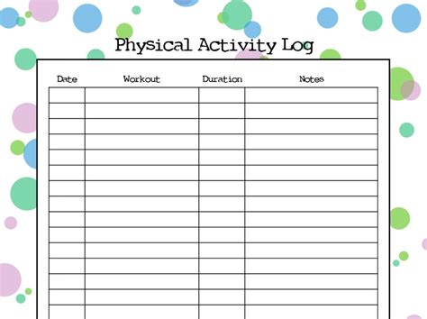 Printable Monthly Physical Activity Log