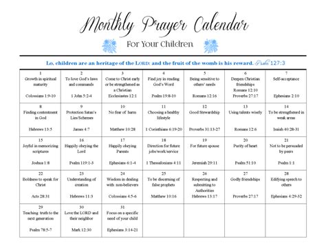 Printable Monthly Prayer Calendar