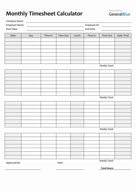 Printable Mothly Time Sheets