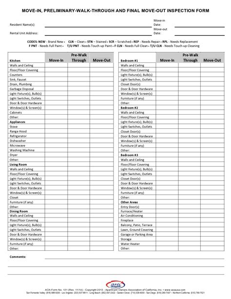 Printable Move In Inspection Checklist