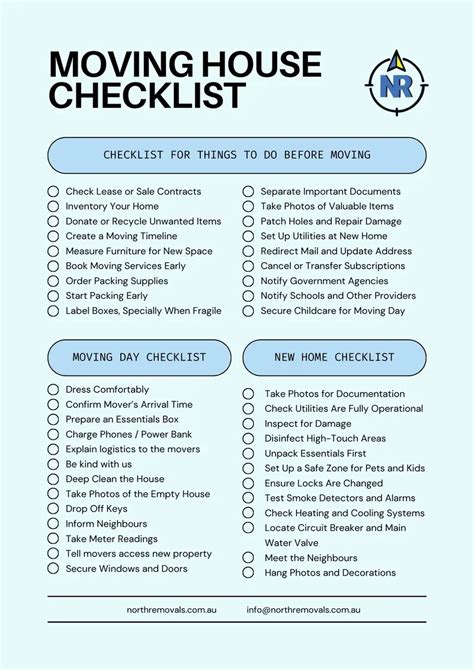 Printable Moving Checklist Before During After