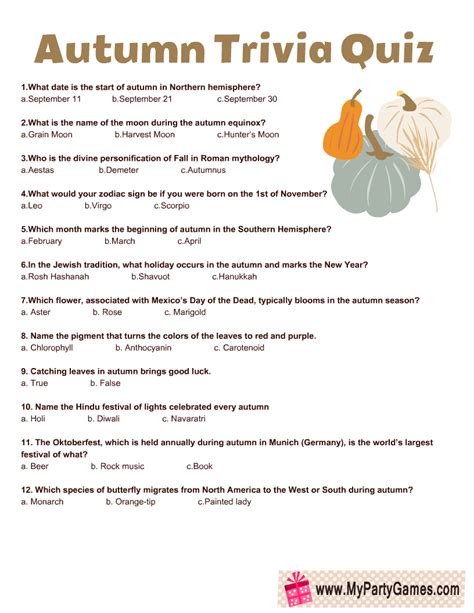 Printable Multiple Choice Autumn Quiz