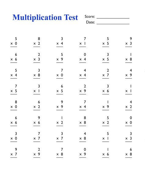 Printable Multiplication Test 1 5
