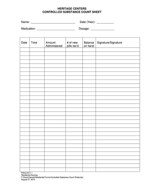 Printable Narcotic Count Sheet
