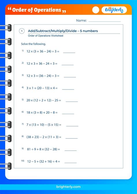 Printable Order Of Operations Worksheet