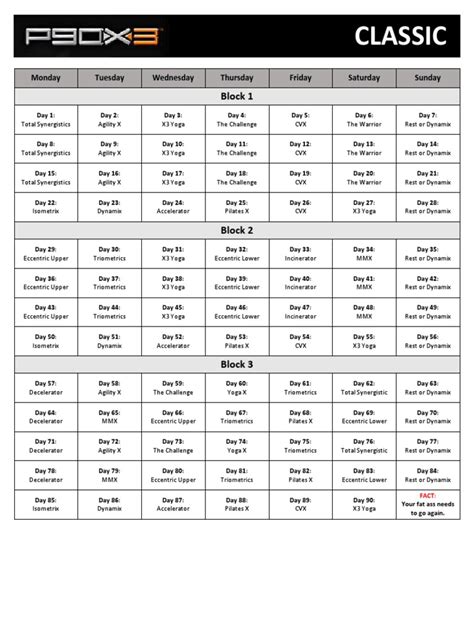 Printable P90X3 Workout Schedule