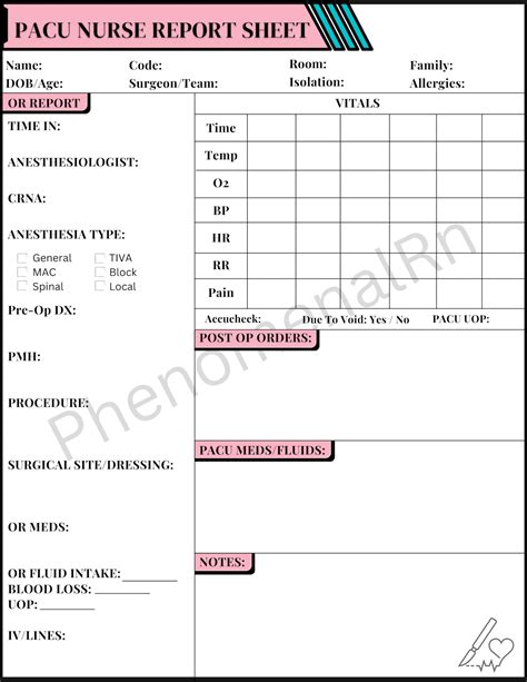 Printable Pacu Nursing Flowsheet