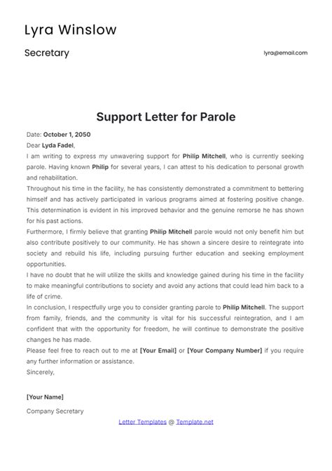 Printable Parole Support Letter