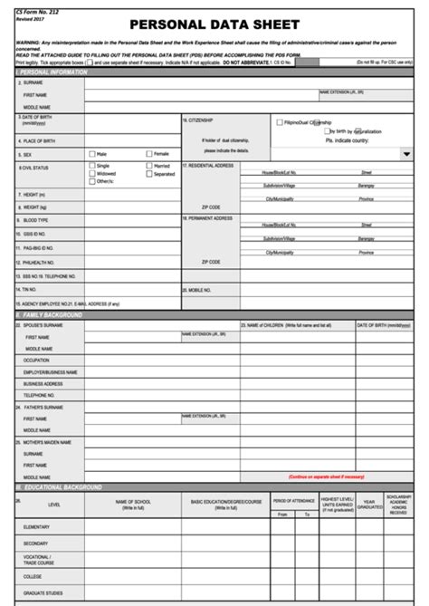 Printable Personal Data Form