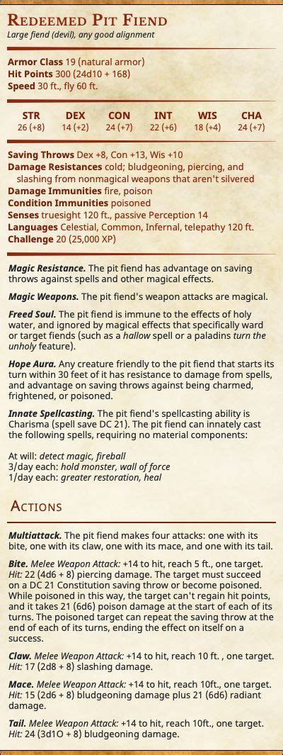 Printable Pit Fiend Stat Block 5E D&D