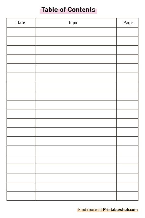 Printable Plain Table Of Contents For Notebooks Two Columns