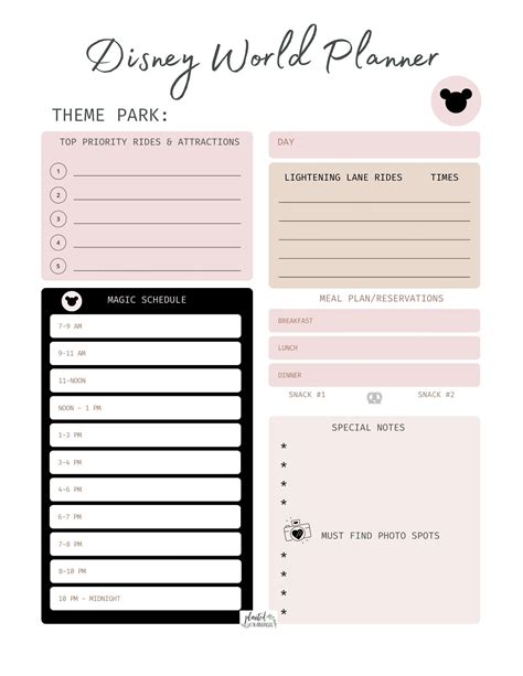 Printable Planning Sheets For Disney World