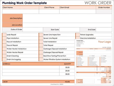 Printable Plumbing Work Order Log