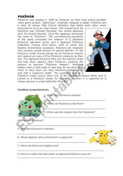 Printable Pokemon Reading Comprehension