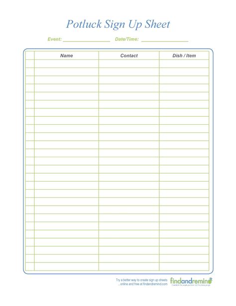 Printable Potluck Signup Sheet