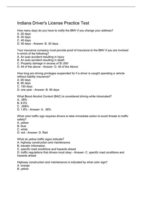 Printable Practice Driving Test Indiana