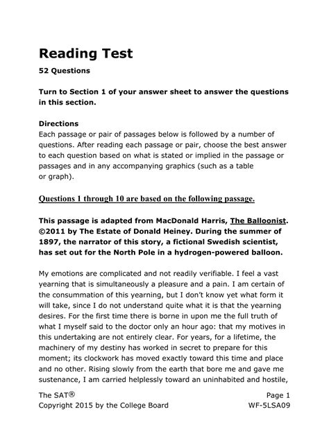 Printable Practice Reading Sat
