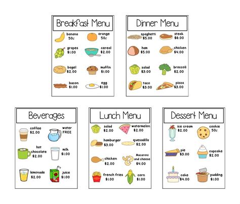 Printable Preschool Dramatic Play Menu