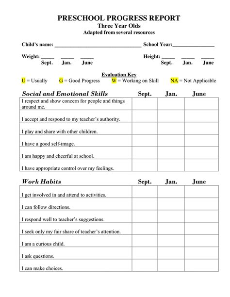 Printable Preschool Progress Report Pdf