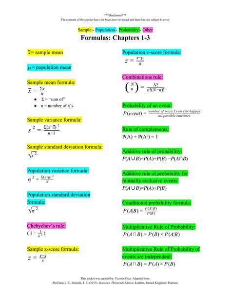 Printable Probability And Statistics Formula Sheets