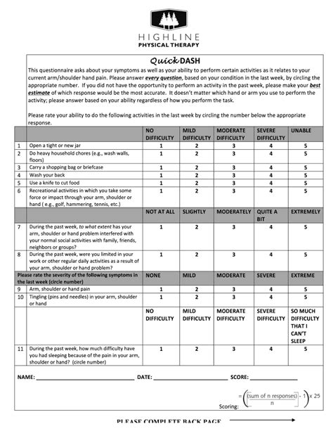 Printable Quick Dash Form