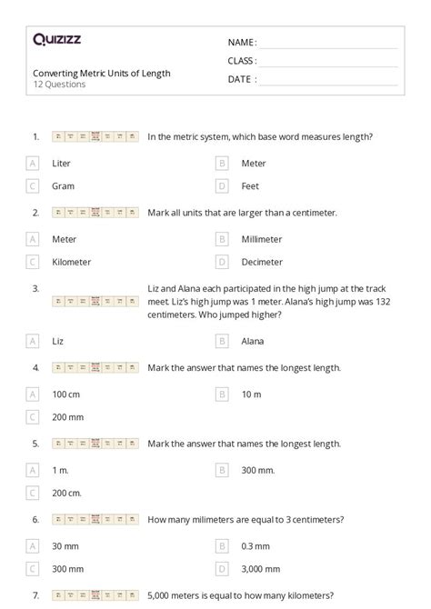 Printable Quiz Metric Conversion 5Th
