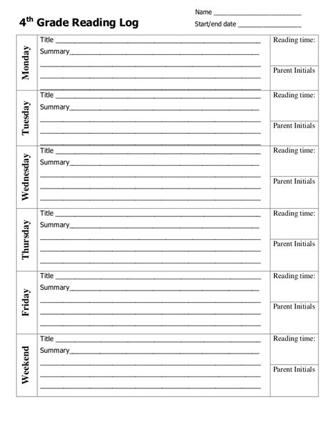 Printable Reading Log 4Th Grade