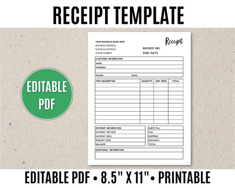 Printable Reciept List Template