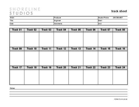 Printable Recording Studio Track Sheets