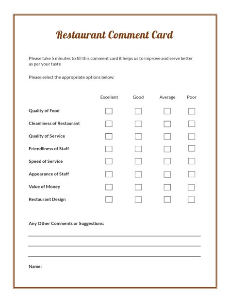 Printable Restaurant Comment Cards