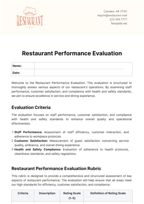 Printable Restaurant Kitchen Performance Evaluation