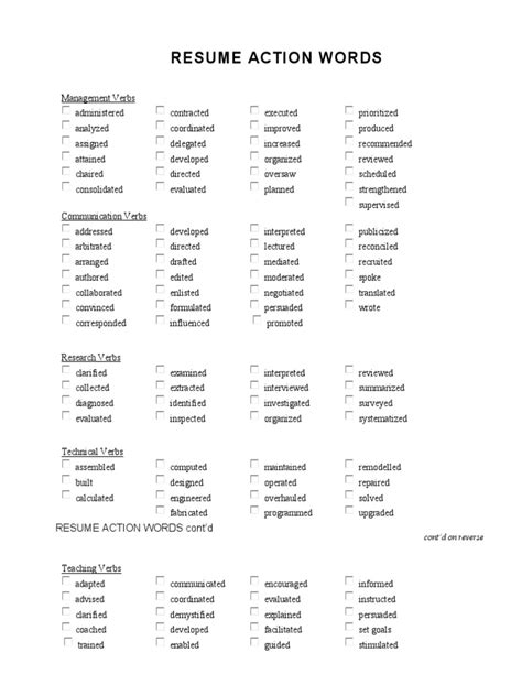 Printable Resume Action Words