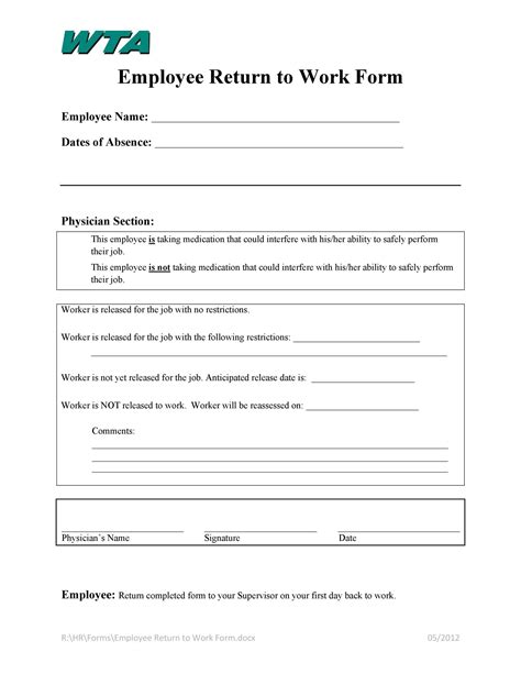 Printable Return To Work Form