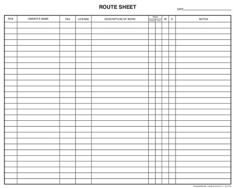Printable Route Sheets Template